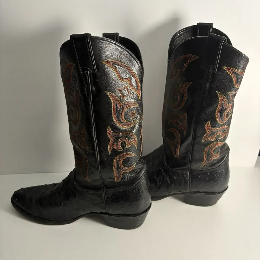 JUSTIN 8933 USA Men's Sz 10D Exotic Western Boots Black Full Quill Ostrich Foot